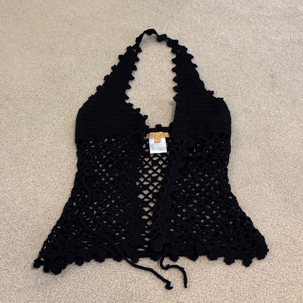 VRG Grl Black Crochet Halter Top